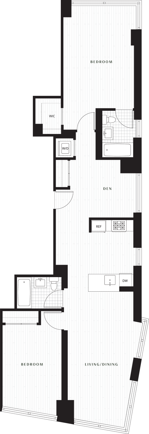 Floor plan for 2 beds, 2 baths, 1265 sqft